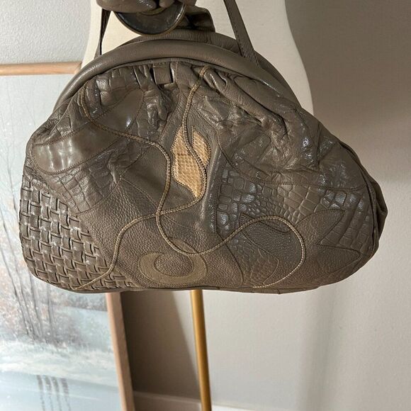 Vintage 1980s Rare Leather Patchwork Quilted Shoulder Purse Lyrella taupe - Picture 3 of 7